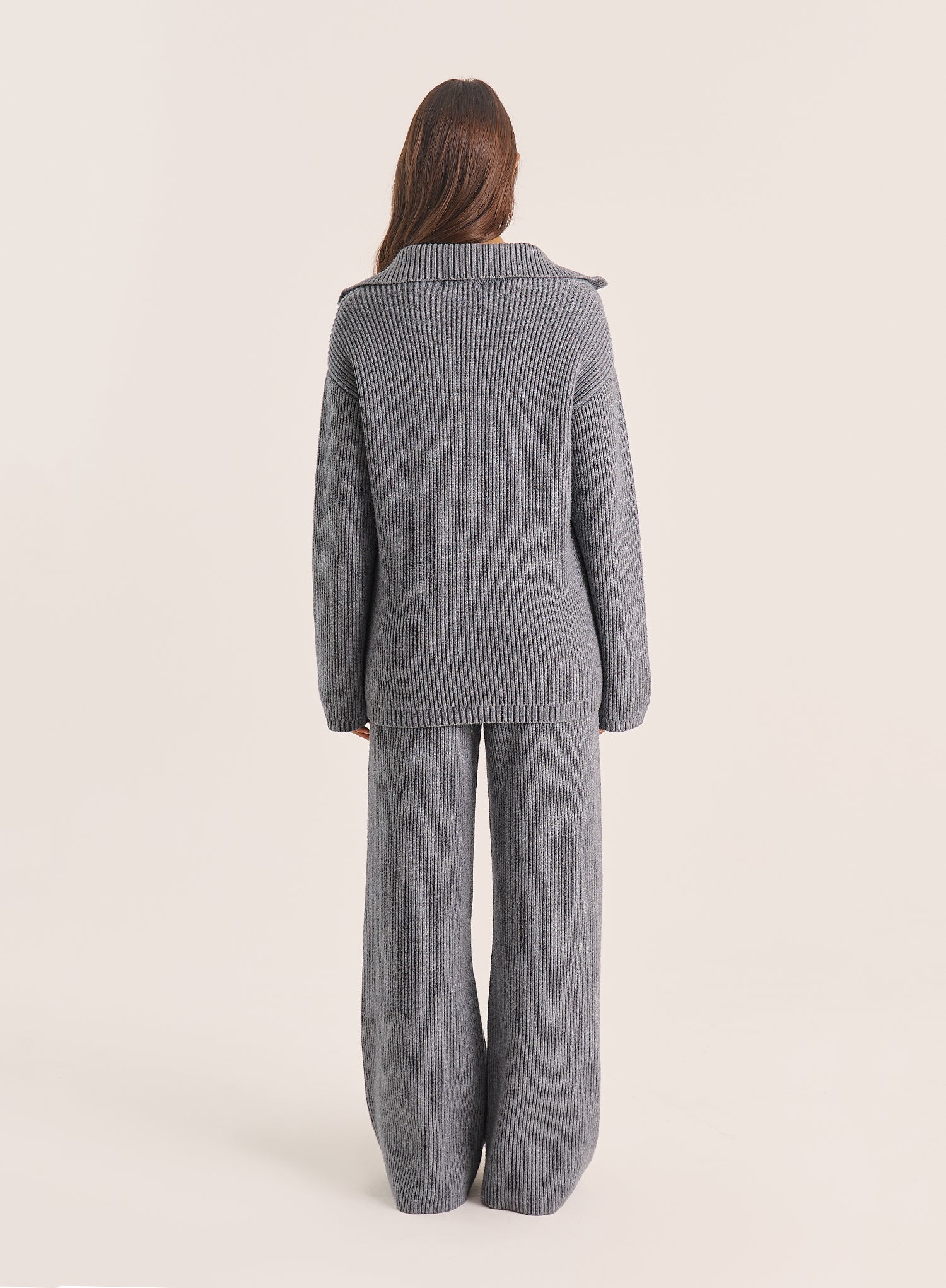 Light Grey Ribbed Knitted Wide Leg Trousers